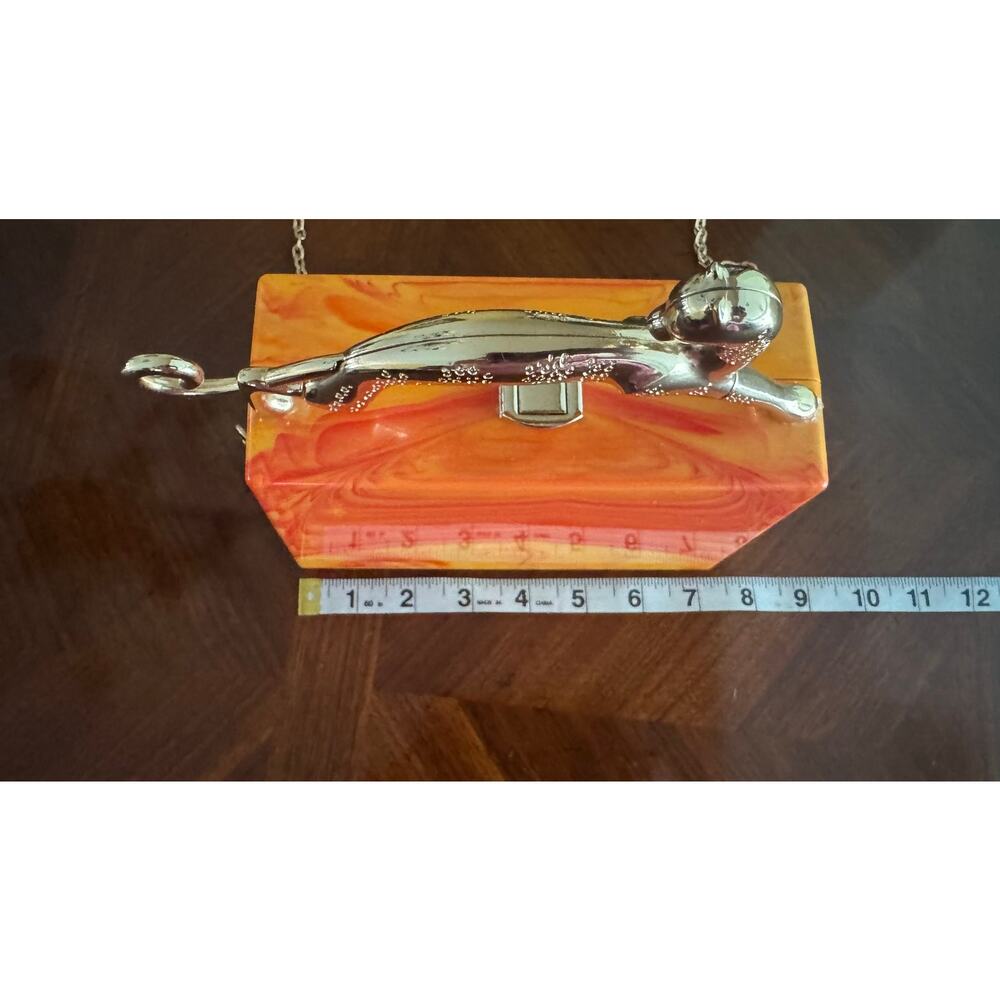 Orange Marbled Panther Handle Box Clutch Minaudiere Chain Purse - Picture 5 of 12